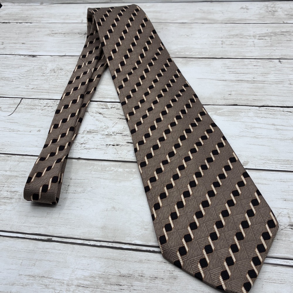 Bill Blass Black Label Men's Silk Tie Brown Black Cream Geometric Pattern Made